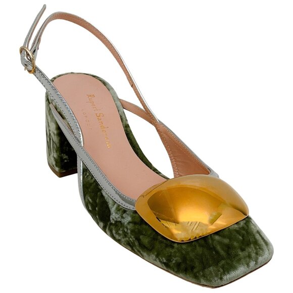 Rupert Sanderson Sage Velvet Cavalla Slingback Pumps with Gold - Picture 1 of 5